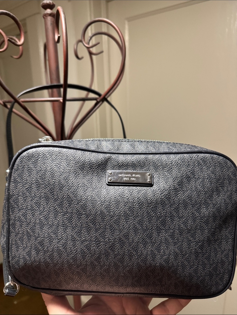 Michael Kors Black Textured Crossbody Bag with Silver Plate